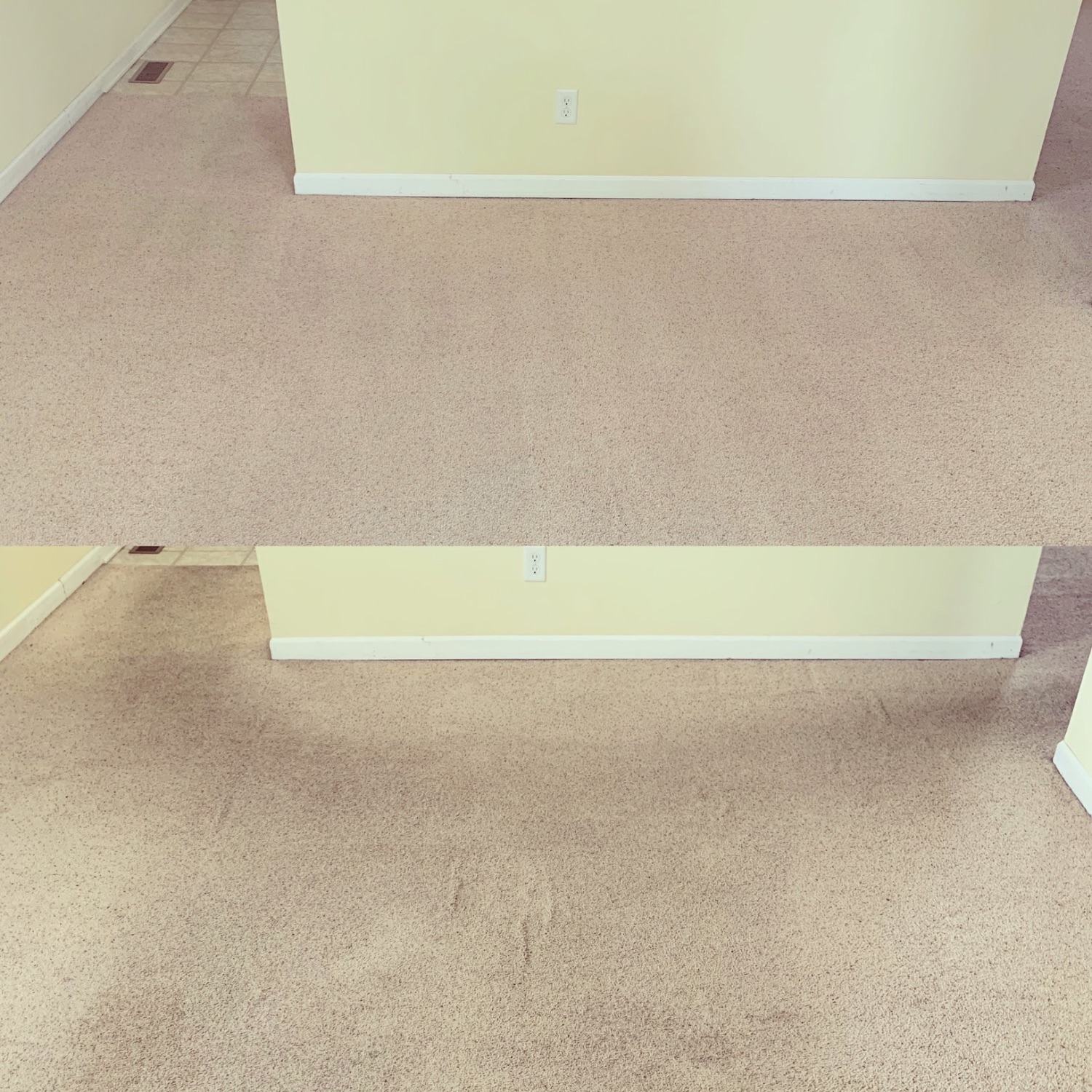 Beige carpet before and after cleaning along the baseboard