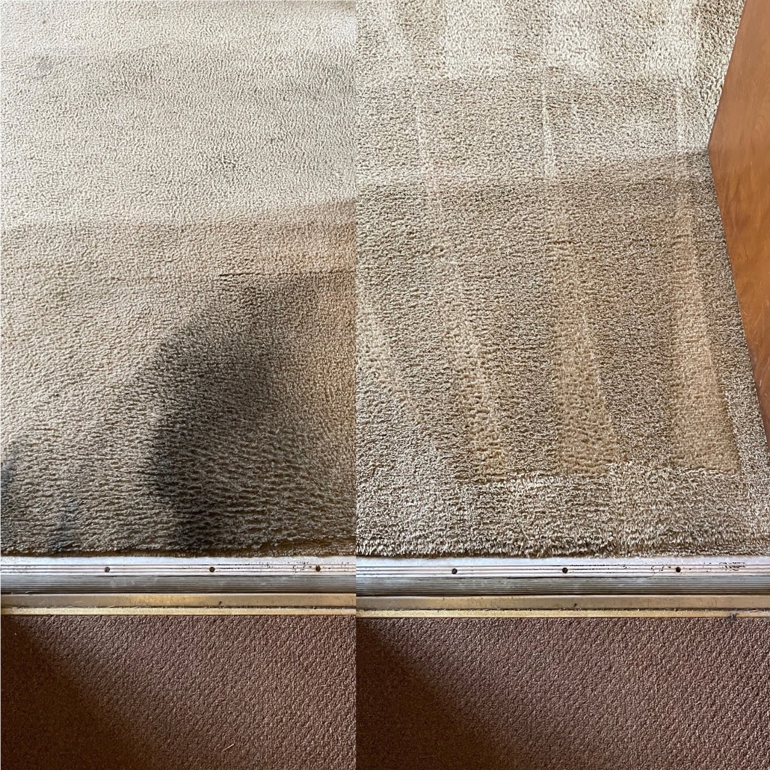 Beige carpet before and after — soil and shadows cleaned away