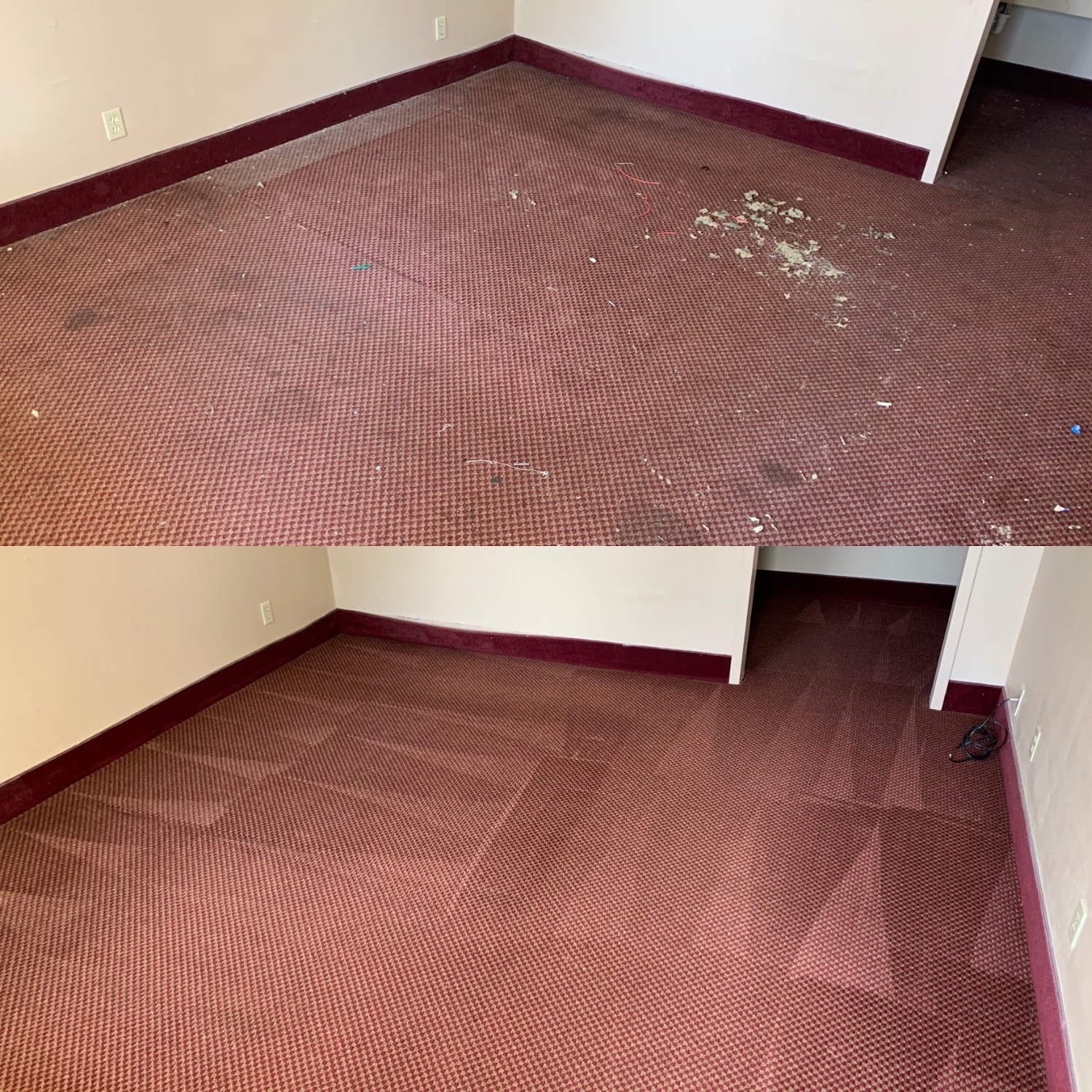 Maroon carpet before and after a professional cleaning