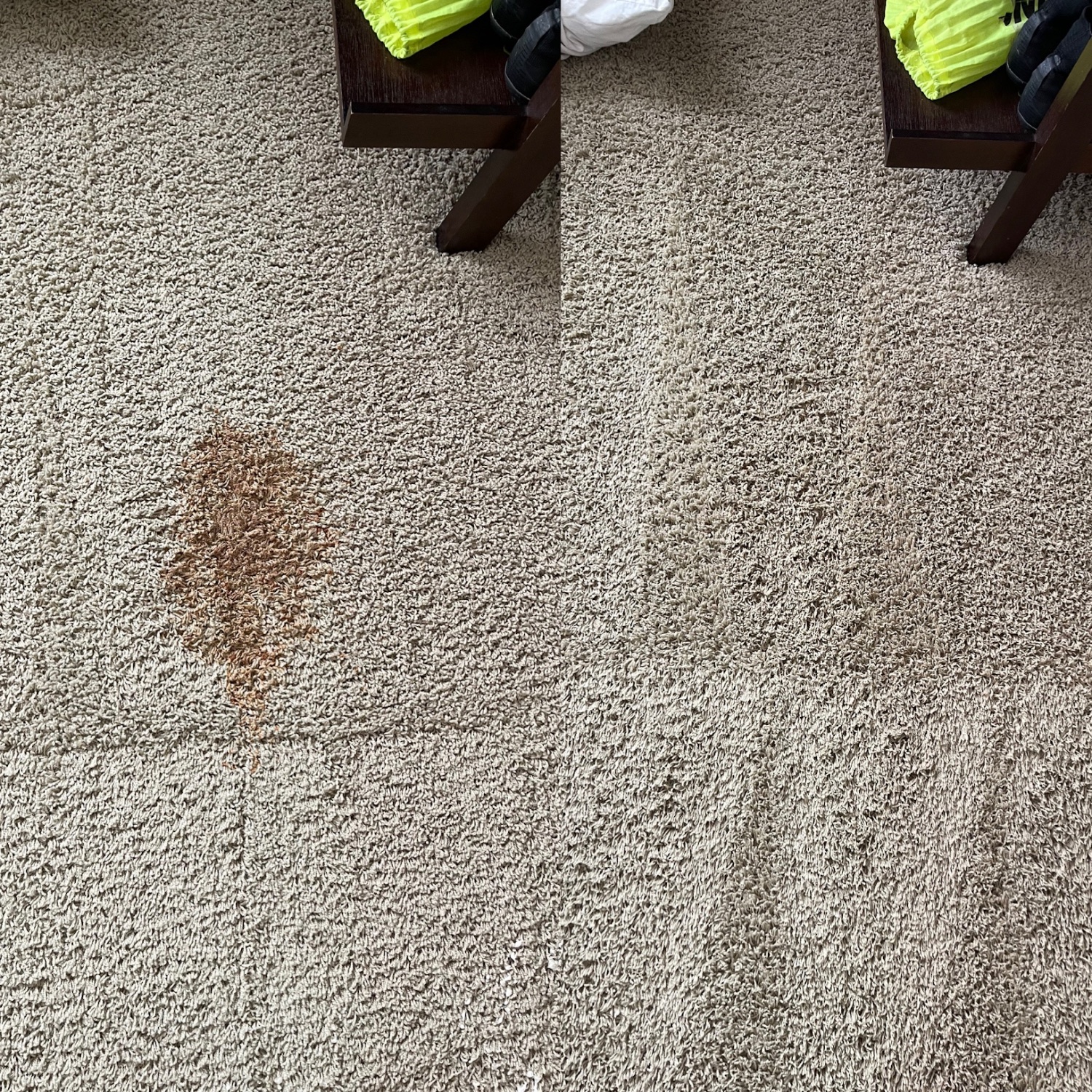 Carpet before and after — a set-in brown stain lifted out completely