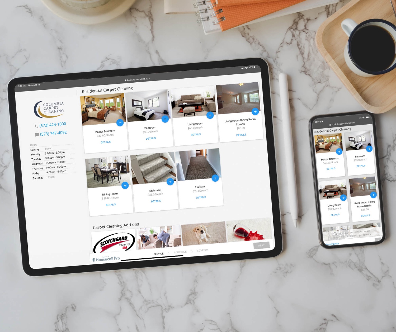 Columbia Carpet Cleaning online booking shown on a tablet and phone