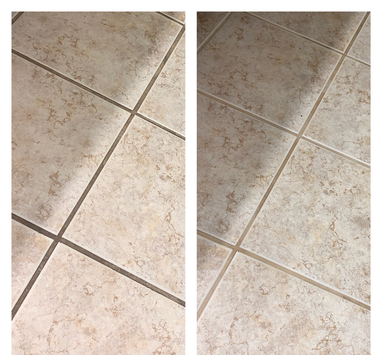 Tile floor before and after — dingy grout lines cleaned back to their original color