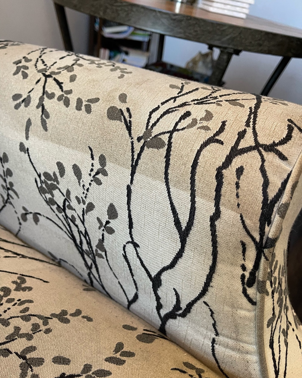 Patterned upholstered sofa freshly cleaned