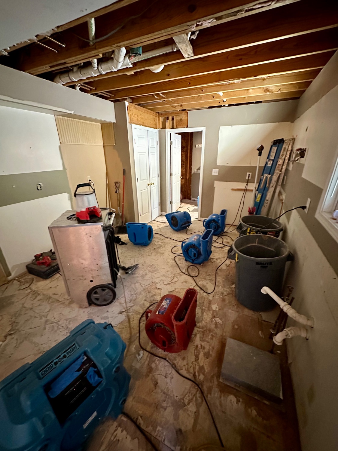 Basement dried with multiple air movers and a dehumidifier